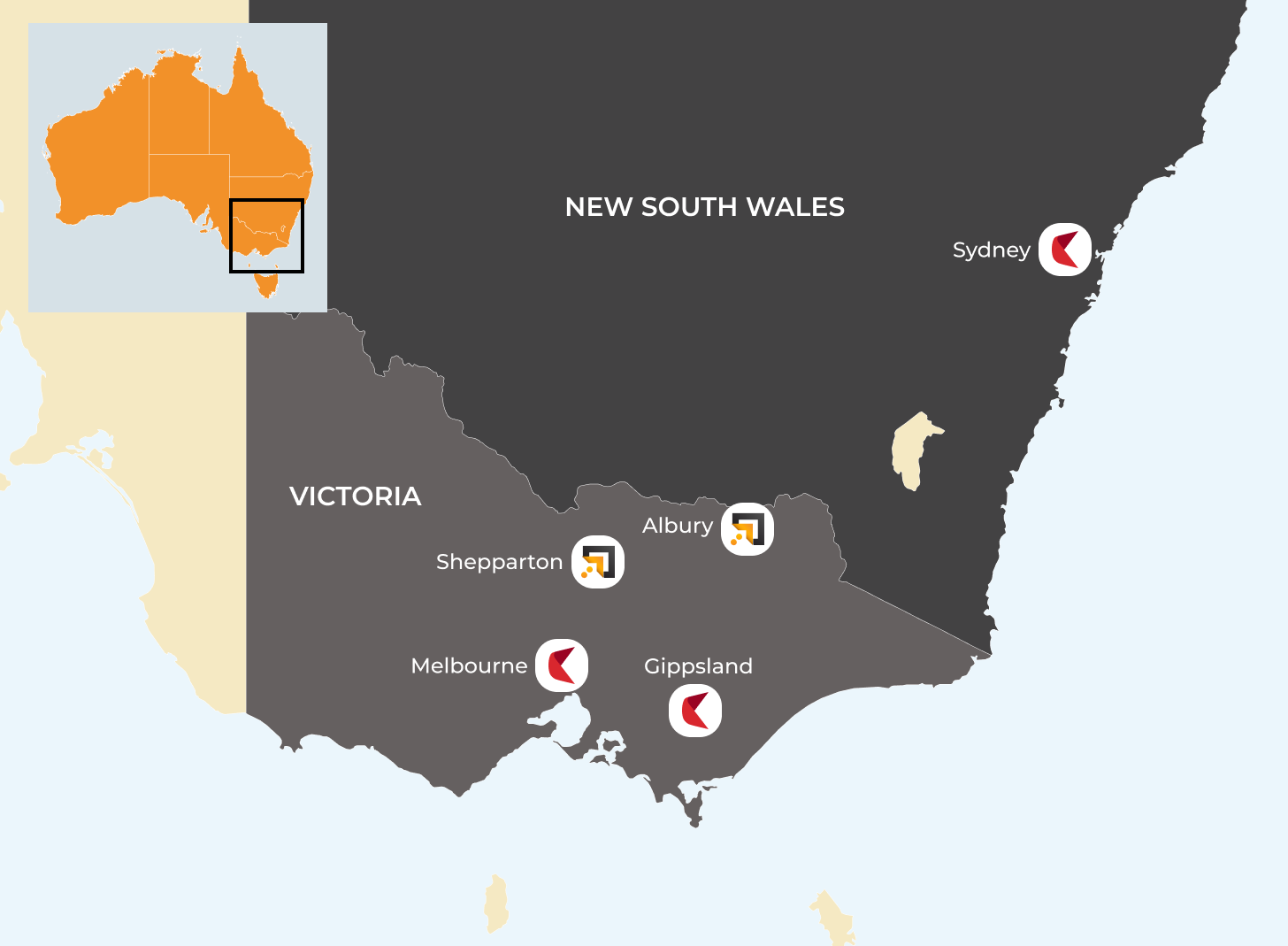 Map of Next Tech Group locations and partner business across NSW and VIC